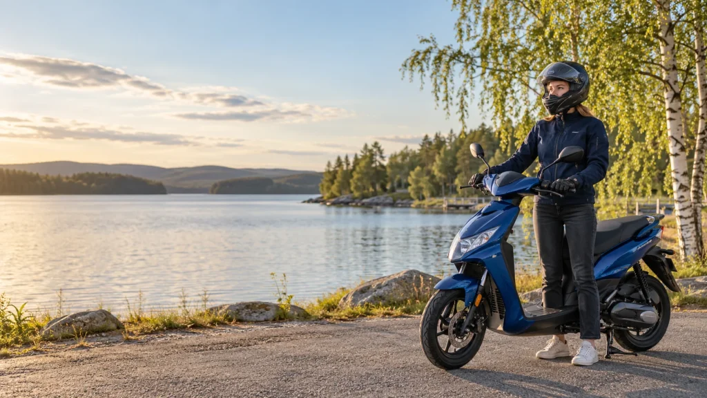 Hjälmklädd ung vuxen förbereder sig vid en blå moped nära en svensk sjö.