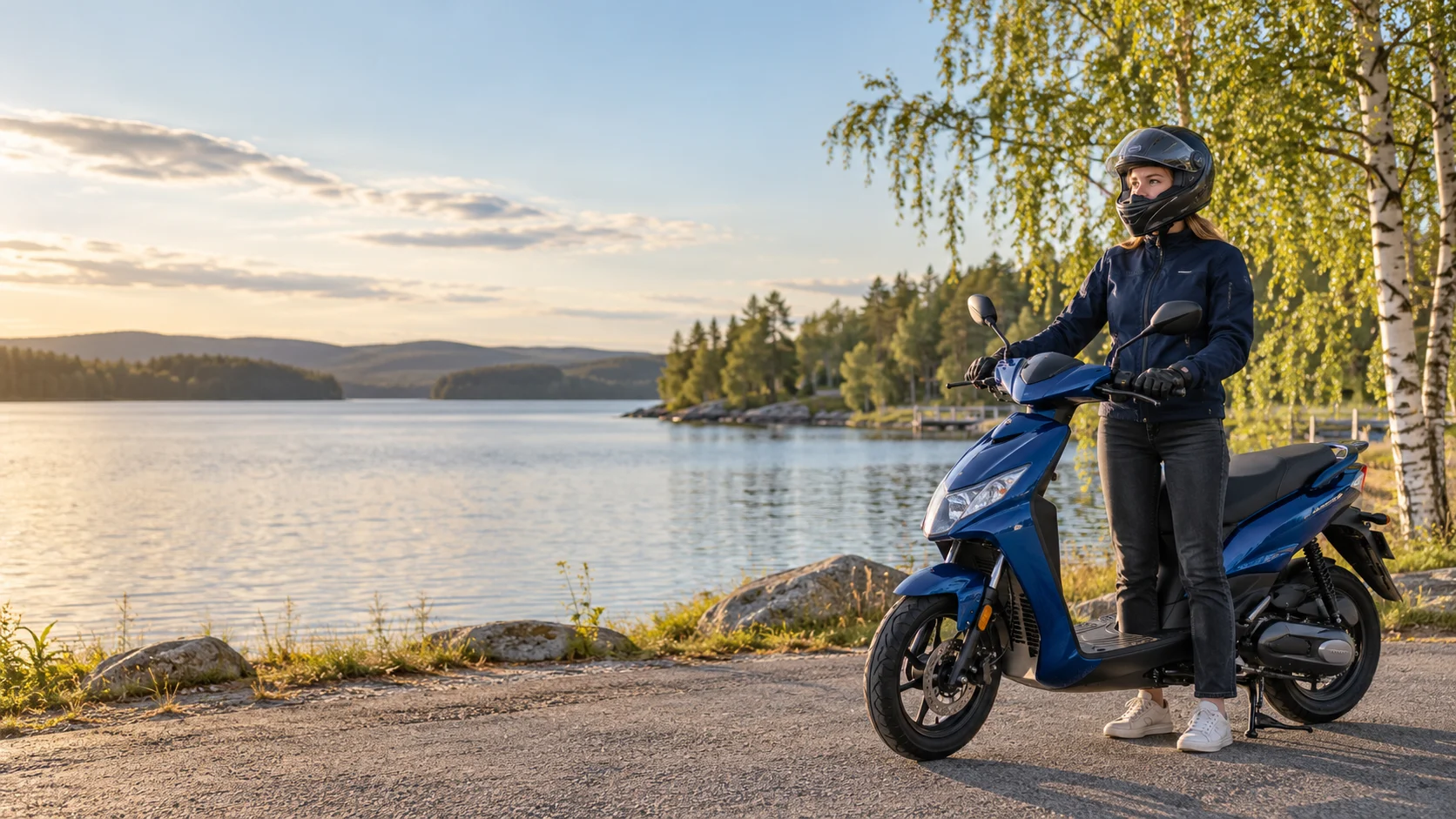 Hjälmklädd ung vuxen förbereder sig vid en blå moped nära en svensk sjö.