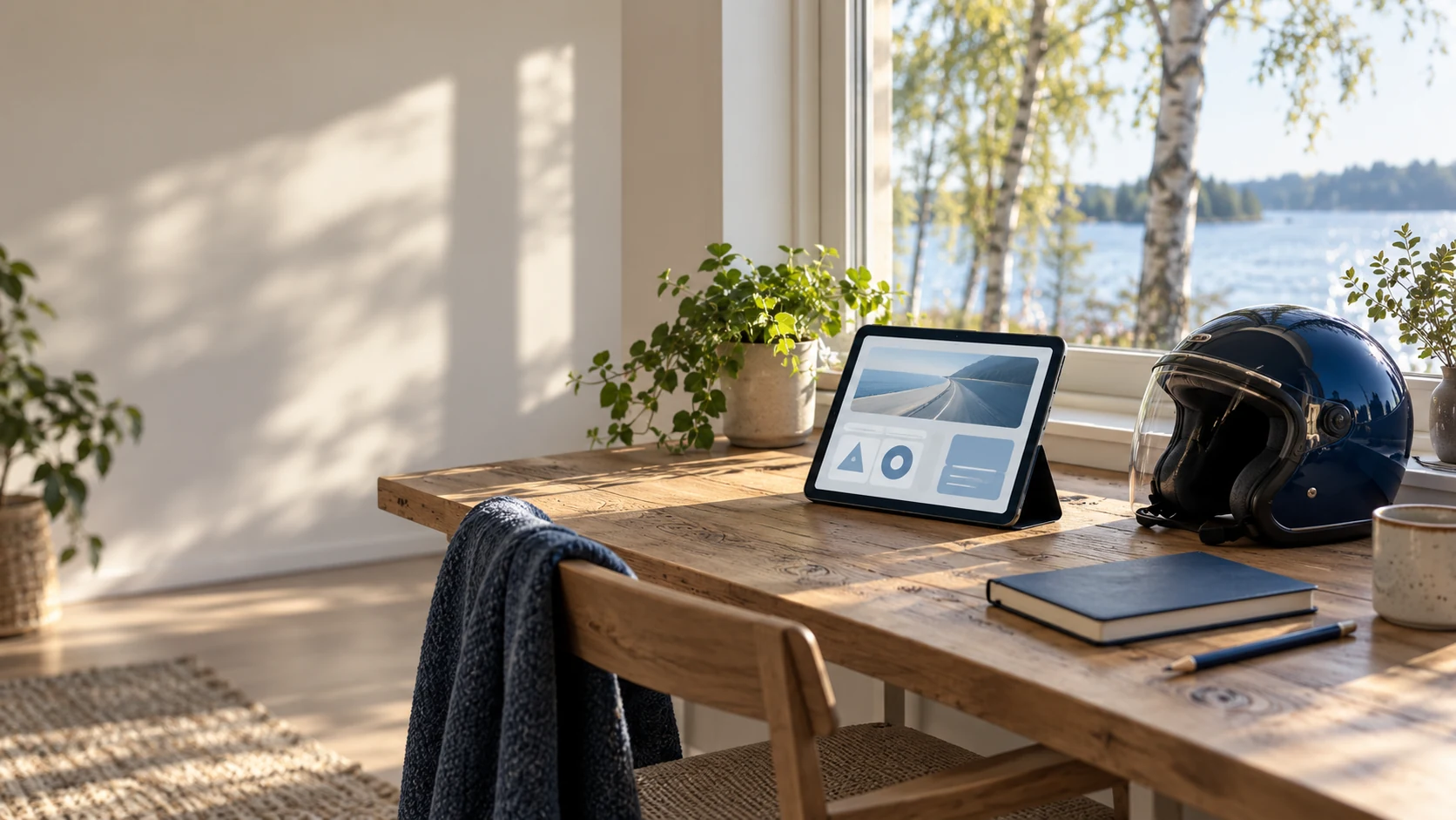 Surfplatta, anteckningsbok och mopedhjälm på ett ljust studiebord.