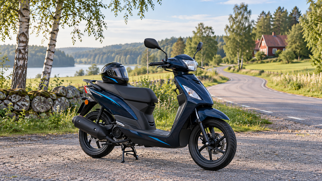 Blå moped med hjälm vid en svensk landsväg.