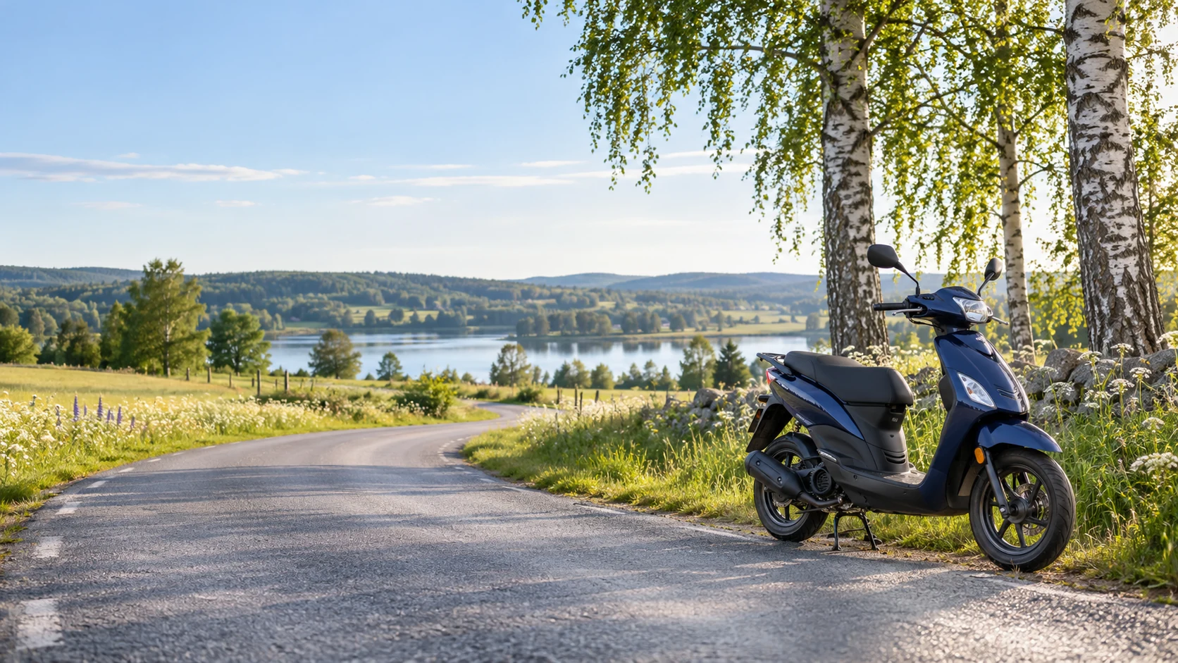 Blå moped parkerad vid en svensk landsväg med sjö och björkar.