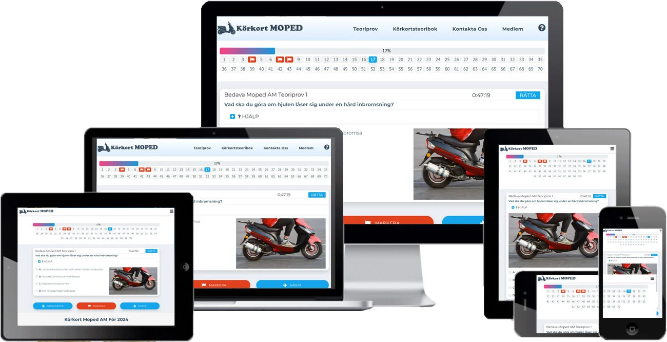 Mopedteoriprov visat på dator, bärbar dator, surfplattor och mobiltelefoner.